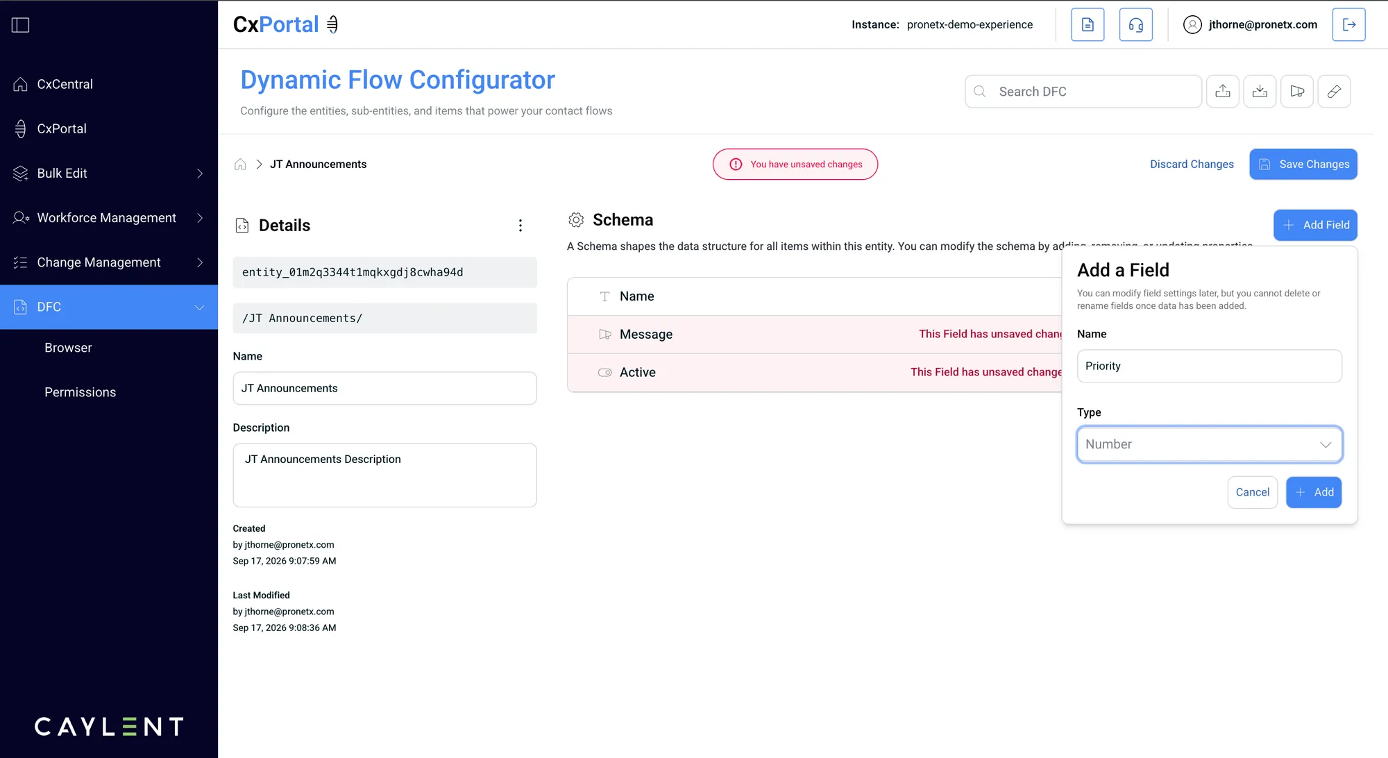 The JT Announcements entity with three fields already added and the Add a Field panel open, naming a Priority field of type Number