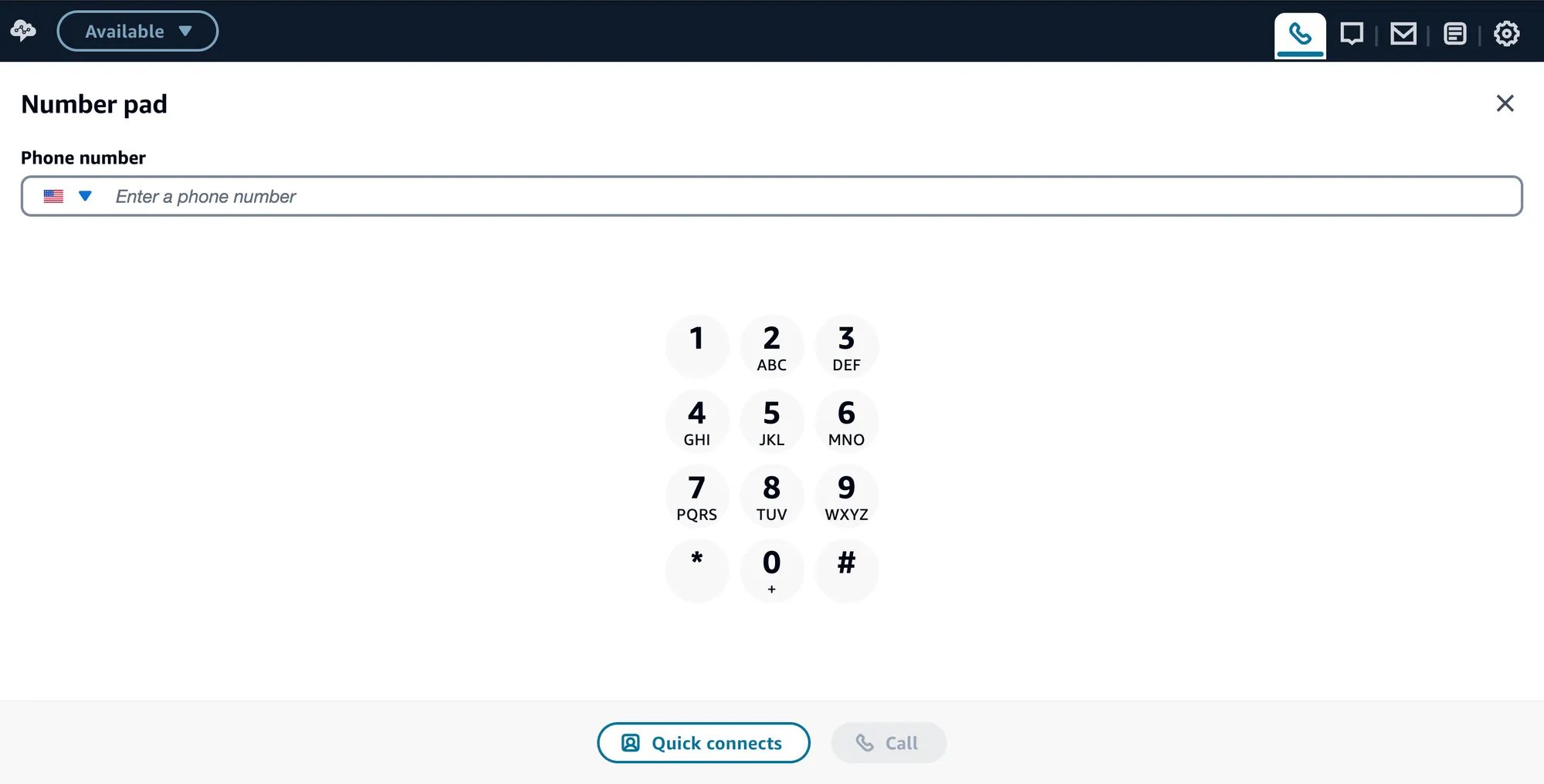 The Amazon Connect Contact Control Panel with status set to Available and the Number pad open, ready to dial
