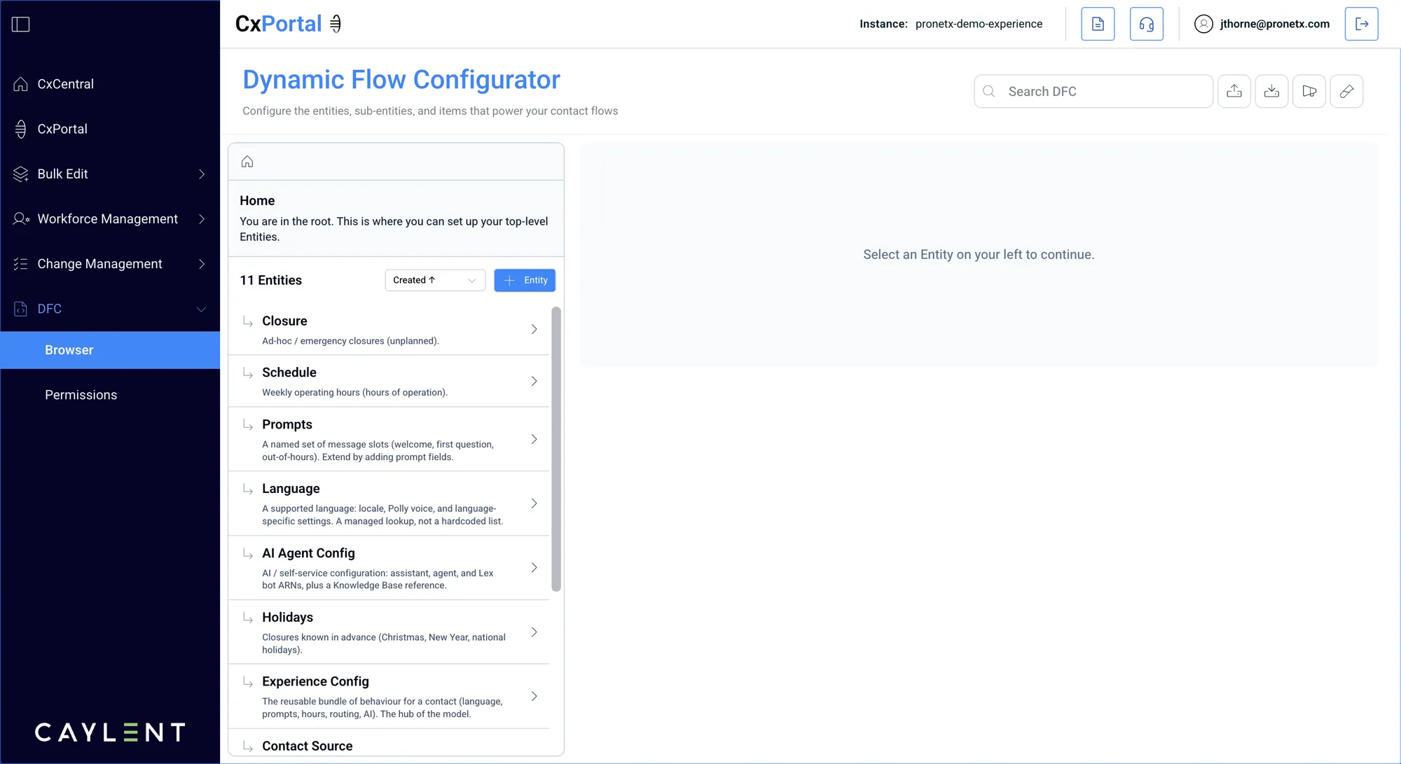 The Dynamic Flow Configurator browser, listing entities including Closure, Schedule, Prompts, Language, Holidays, Experience Config and Contact Source