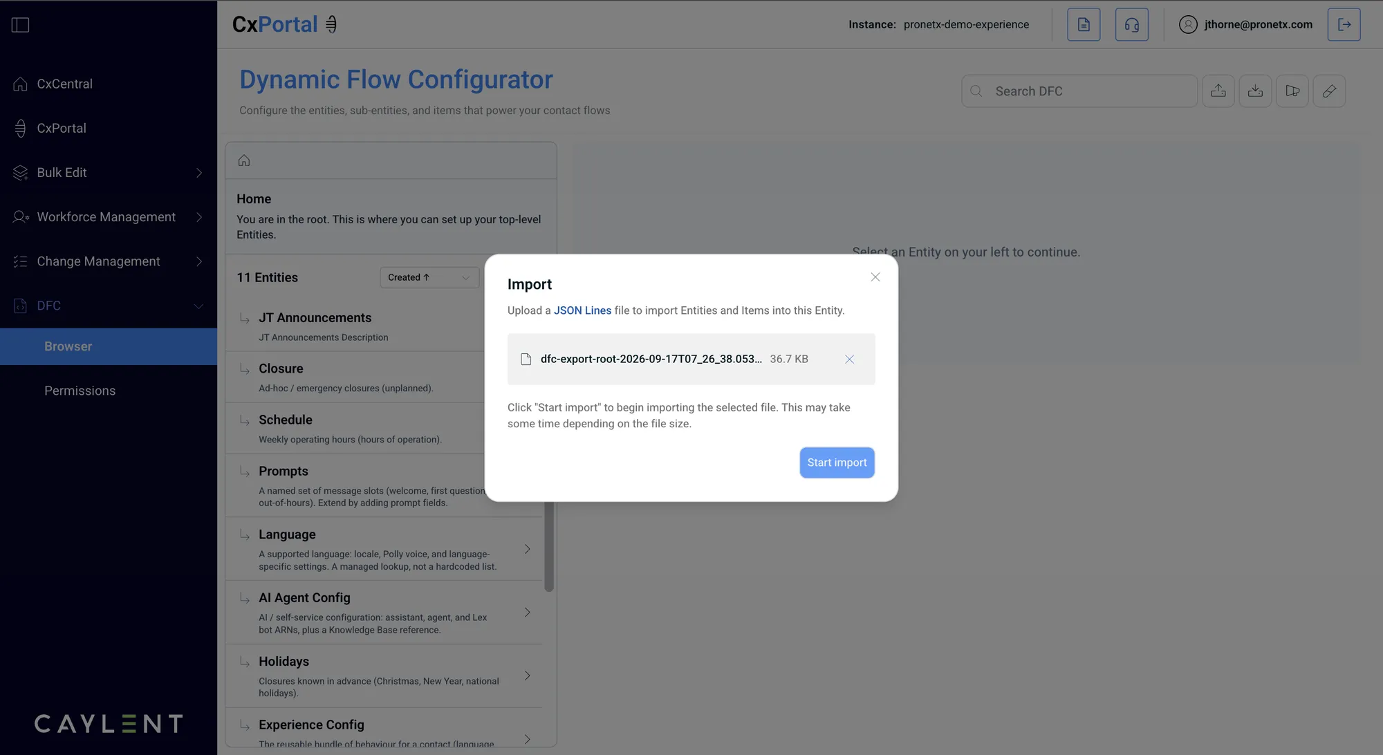 The DFC Import dialog with a JSON Lines export file selected and a Start import button