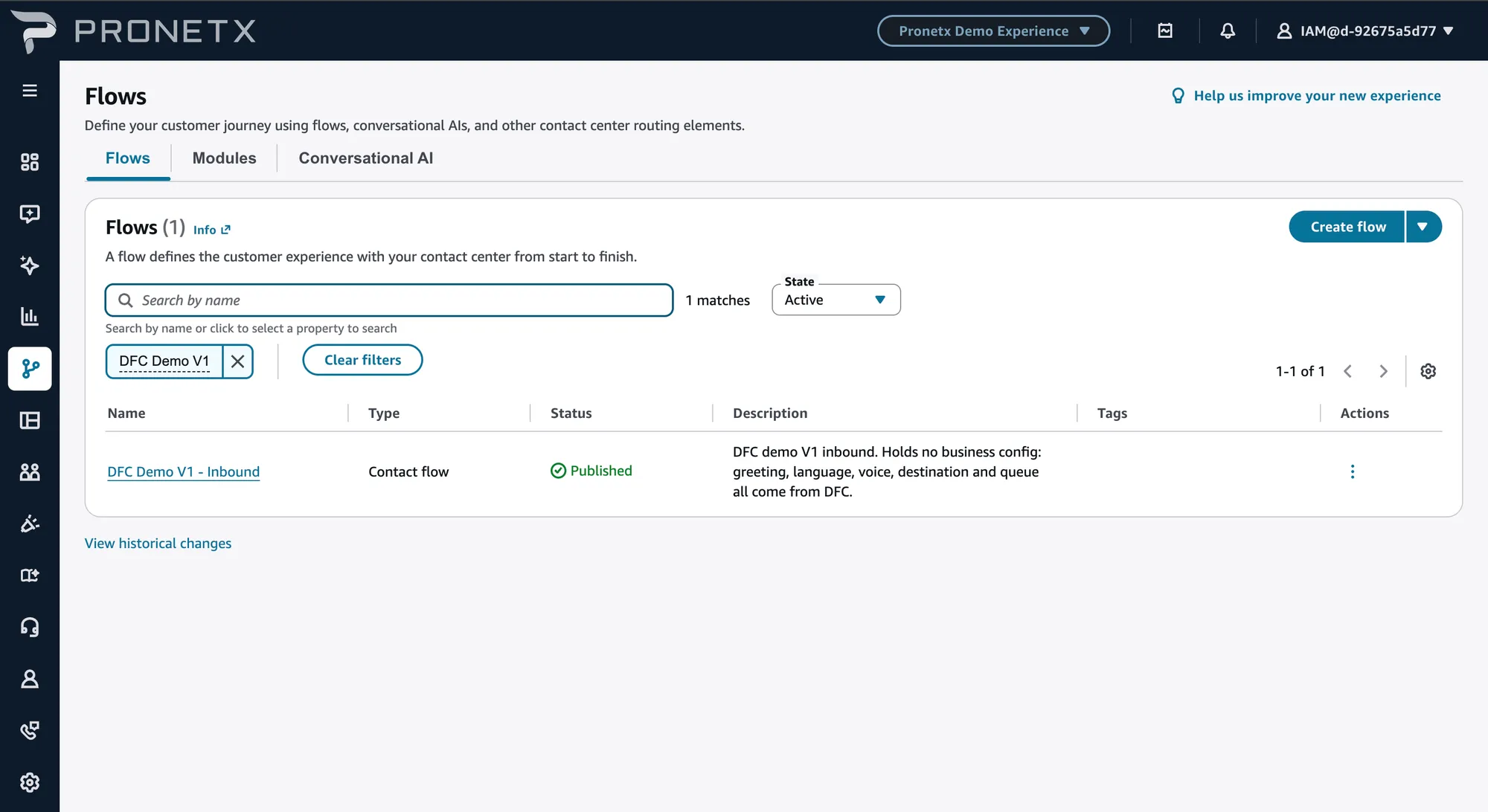 The Connect flow list filtered to DFC Demo V1, returning one result: DFC Demo V1 - Inbound, a published contact flow