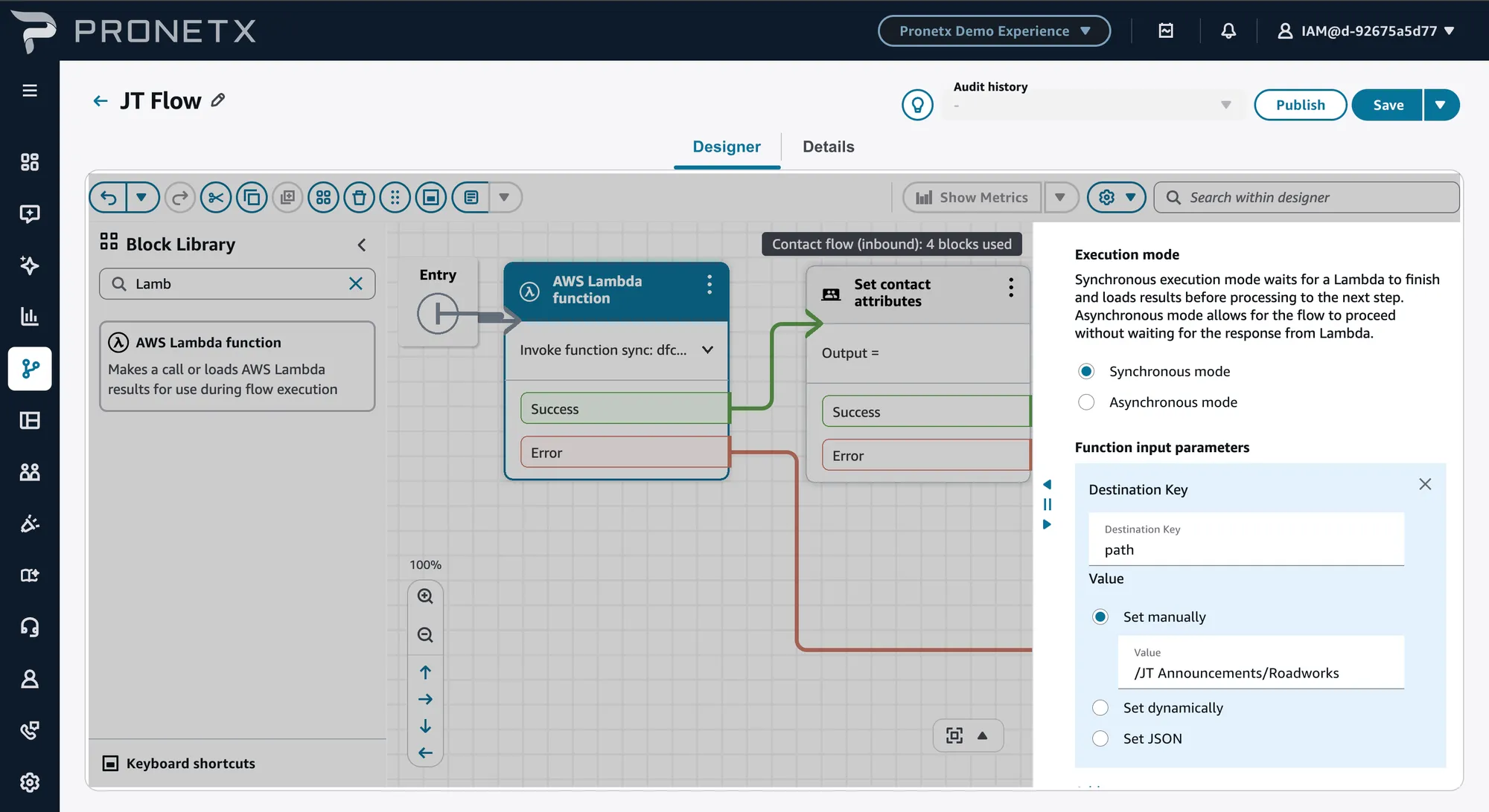 The AWS Lambda function block in the Connect flow designer, set to invoke the DFC lookup synchronously, with a path parameter set to slash JT Announcements slash Roadworks