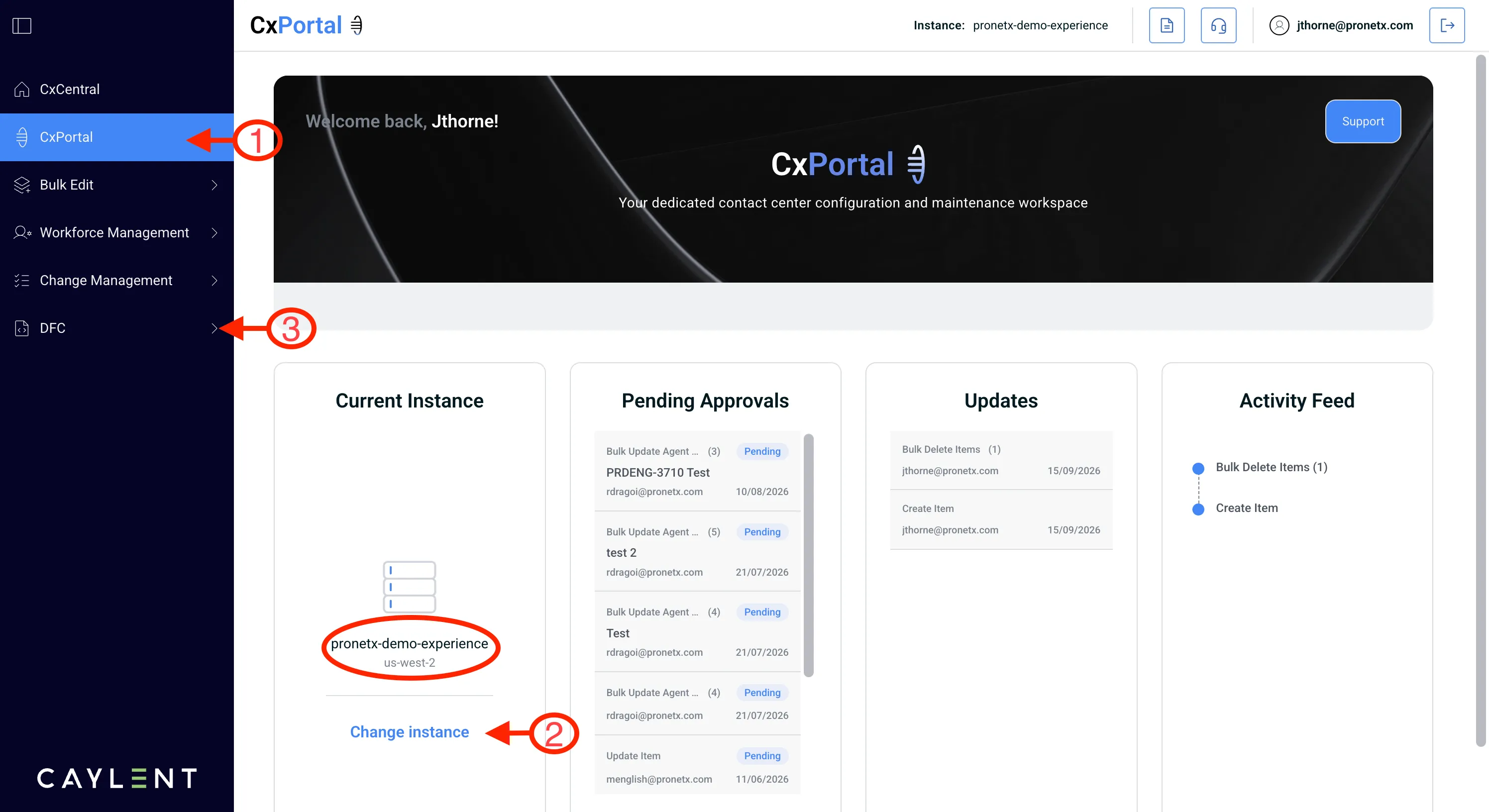 The CX Portal home page, with CxPortal selected in the left rail, the Change instance link under Current Instance, and DFC lower down the rail